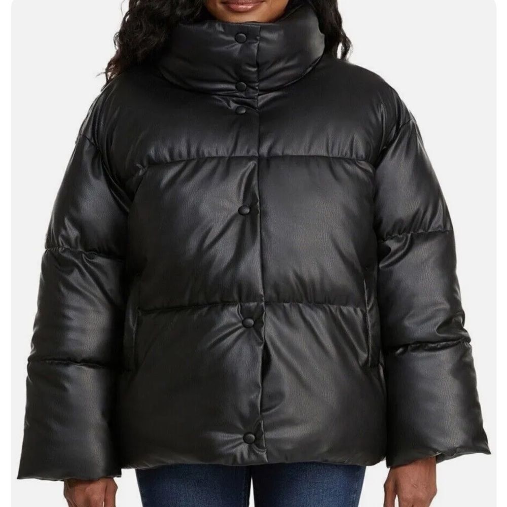 NVLT black faux leather puffer coat